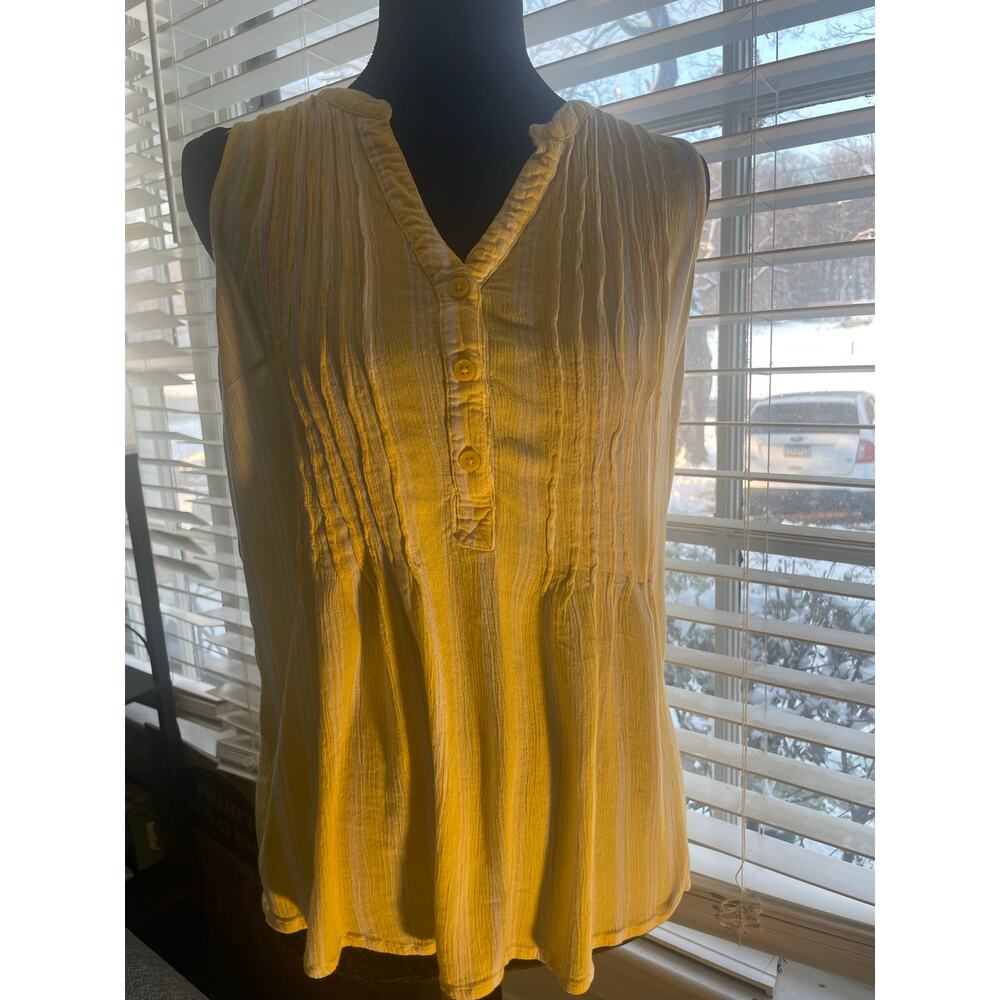 Yellow w White Stripes Sleeveless Top Pastel Casual Ranch Summer Lg Pleated